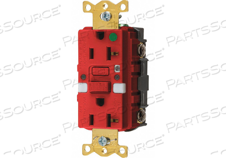 GFCI RECEPTACLE, CONNECTION ORIENTATION STRAIGHT, COVER TYPE NO COVER, CURRENT RATING 20 A, GFCI YES, GROUNDING GROUNDED, HOUSING COLOR RED, by Hubbell Incorporated, Wiring Device-Kellums GFCI RECEPTACLE, CONNECTION ORIENTATION STRAIGHT, COVER TYPE NO COVER, CURRENT RATING 20 A, GFCI YES, GROUNDING GROUNDED, HOUSING COLOR RED, by Hubbell Incorporated, Wiring Device-Kellums