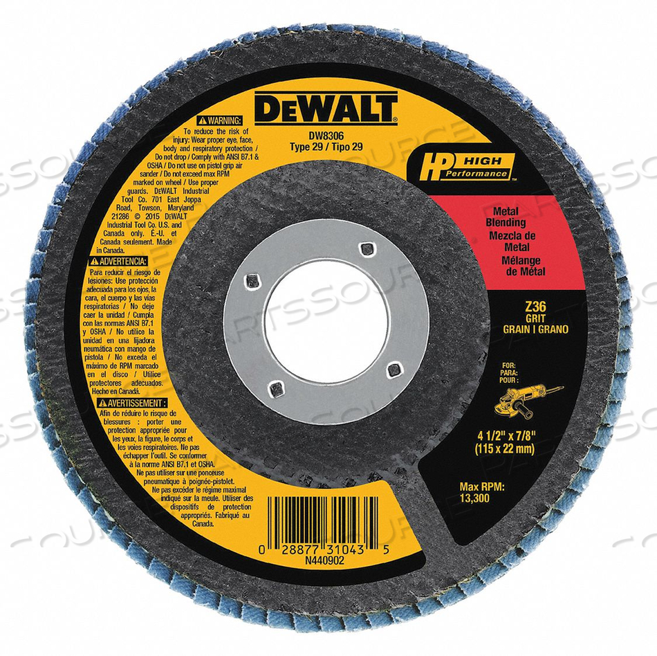 FLAP DISC TYPE 29 4-1/2" X 7/8" 36 GRIT ZIRCONIA by DeWalt FLAP DISC TYPE 29 4-1/2" X 7/8" 36 GRIT ZIRCONIA by DeWalt