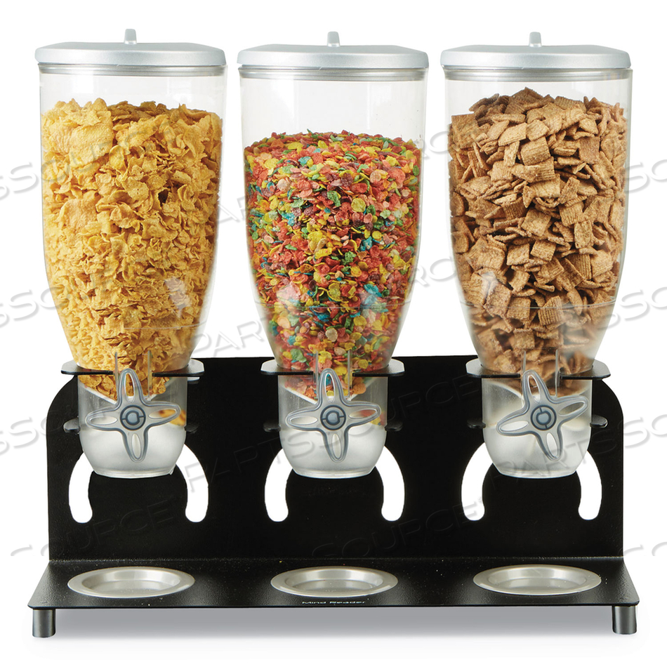 HEAVY DUTY METAL CEREAL TRIPLE DISPENSER, 60 OZ, 18.5 X 5.93 X 17.25, BLACK/CLEAR 