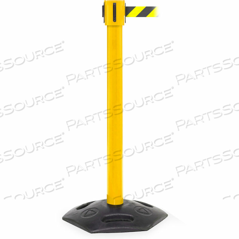 WEATHERMASTER 335 RETRACTABLE BELT BARRIER, 40" YELLOW POST, 35' BLACK/YELLOW BELT by Queue Solutions LLC
