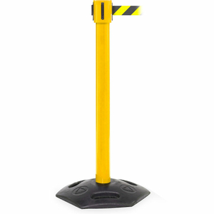 WEATHERMASTER 335 RETRACTABLE BELT BARRIER, 40" YELLOW POST, 35' BLACK/YELLOW BELT by Queue Solutions LLC
