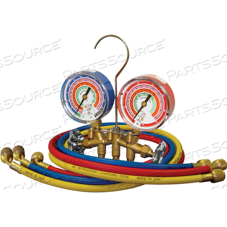 BRASS 2 WAY MANIFOLD SET 3 - 1/8" GAUGES 3 - 60" HOSES STANDARD 1/4" FITTINGS by Mastercool BRASS 2 WAY MANIFOLD SET 3 - 1/8" GAUGES 3 - 60" HOSES STANDARD 1/4" FITTINGS by Mastercool