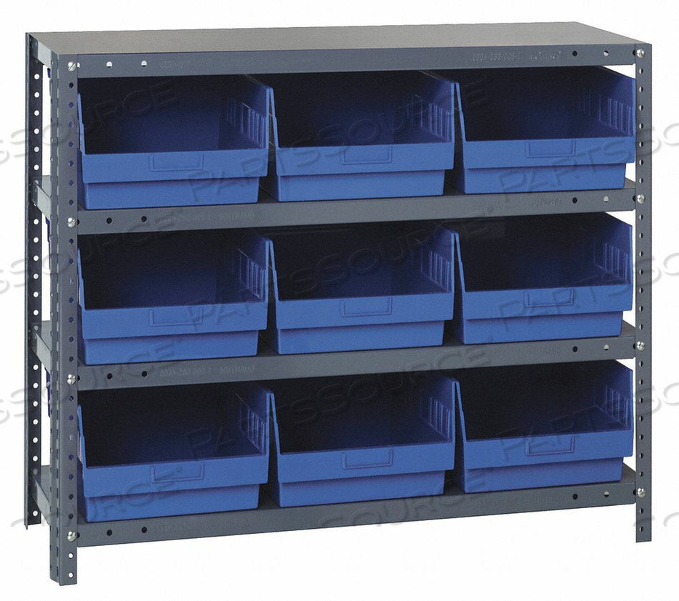 1839-SB810 STEEL SHELVING WITH 9 8"H PLASTIC SHELF BINS BLUE, 36X18X39-SB4 SHELVES by Quantum Storage Systems 1839-SB810 STEEL SHELVING WITH 9 8"H PLASTIC SHELF BINS BLUE, 36X18X39-SB4 SHELVES by Quantum Storage Systems