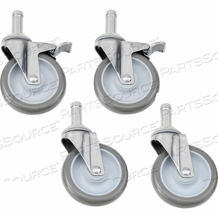 NEXEL STAINLESS STEEL STEM CASTERS - SET OF (4) 5" POLYURETHANE, (2) WITH BRAKES 1200 LB. CAP. by Sistom Technology Inc. NEXEL STAINLESS STEEL STEM CASTERS - SET OF (4) 5" POLYURETHANE, (2) WITH BRAKES 1200 LB. CAP. by Sistom Technology Inc.