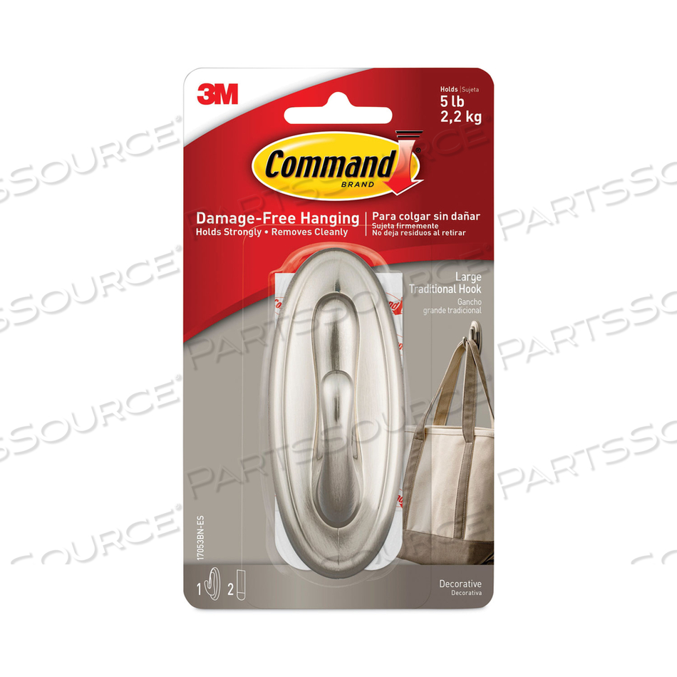 DECORATIVE HOOKS, TRADITIONAL, LARGE, PLASTIC, SILVER, 5 LB CAPACITY, 1 HOOK AND 2 STRIPS/PACK by 3M Consumer