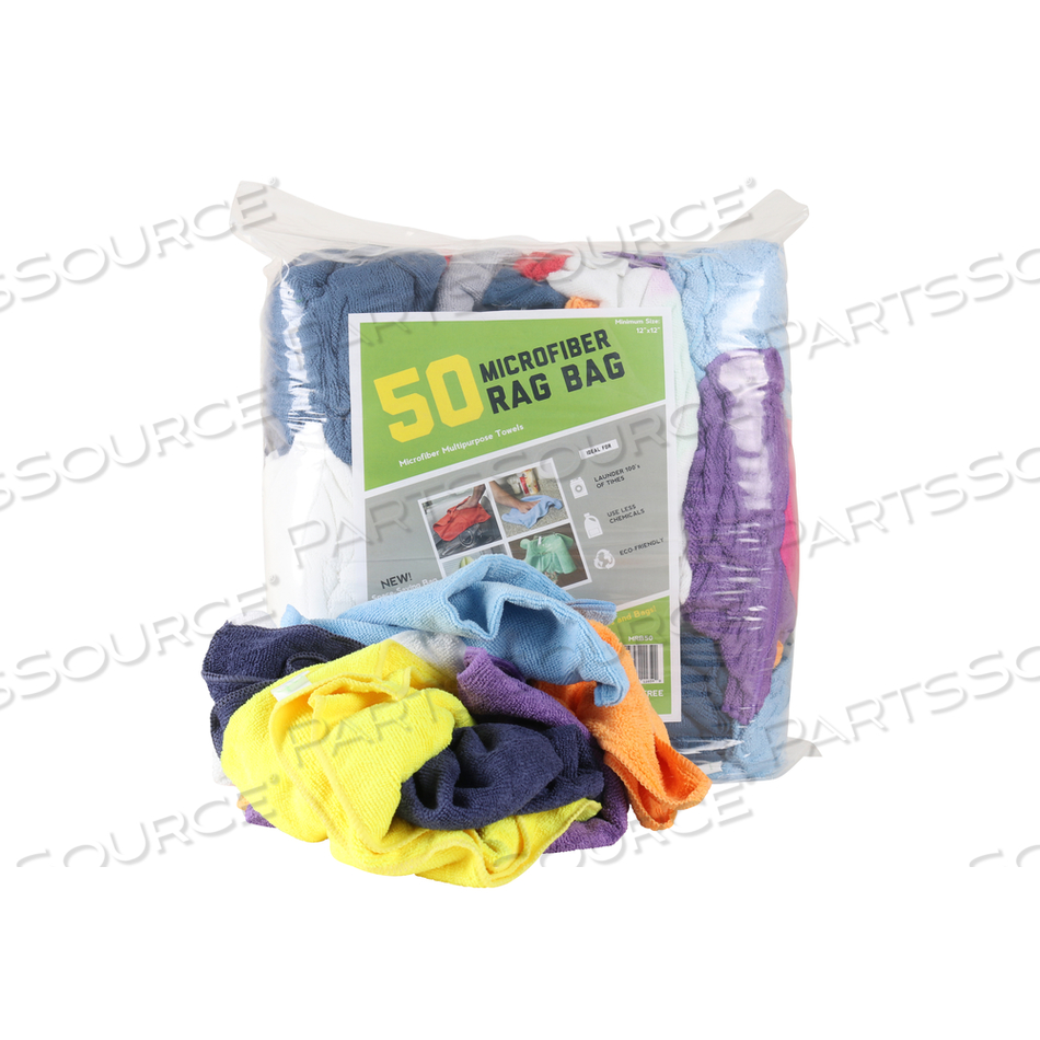 BAG OF 50 ASSORTED MICROFIBER RAGS 12 X 12 by Monarch Brands Inc.