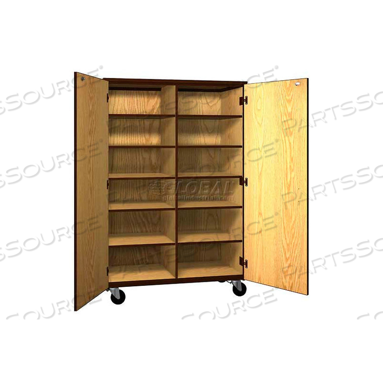 MOBILE WOOD CUBICLE CABINET, 10 SHELVES W/LOCKS, SOLID DOOR, 48 X 22-1/4 X 72, NATURAL OAK/BROWN by Ironwood Manufacturing Inc