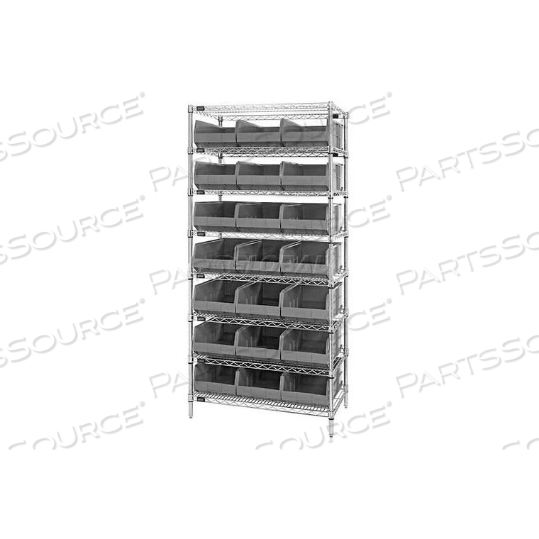 WR8-465 CHROME WIRE SHELVING WITH 21 SSB465 STACKABLE SHELF BINS GRAY, 36X18X74 by Quantum Storage Systems