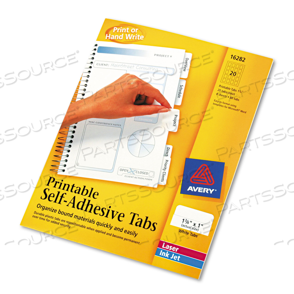 PRINTABLE PLASTIC TABS WITH REPOSITIONABLE ADHESIVE, 1/5-CUT, WHITE, 1.75" WIDE by Avery PRINTABLE PLASTIC TABS WITH REPOSITIONABLE ADHESIVE, 1/5-CUT, WHITE, 1.75" WIDE by Avery