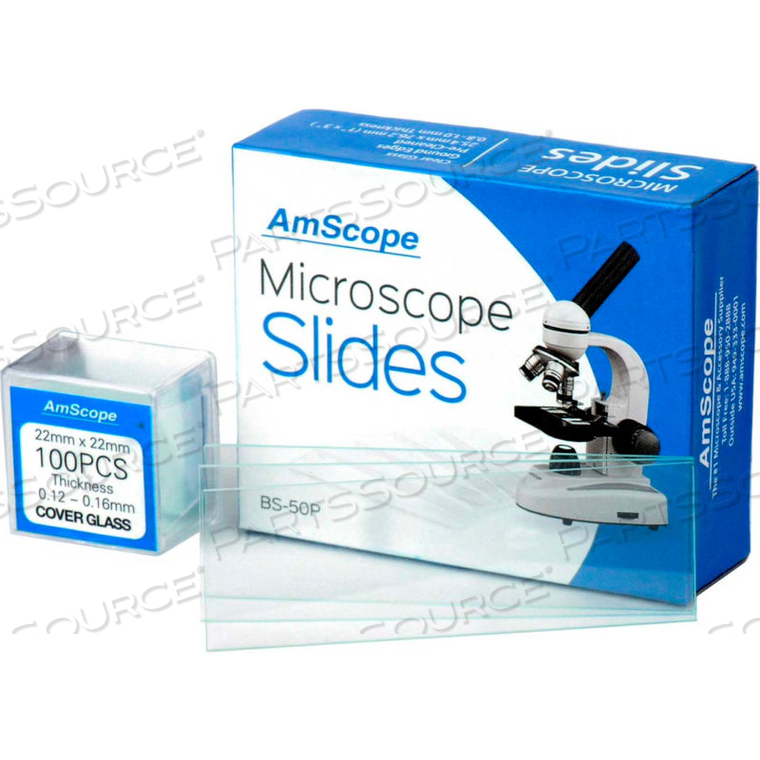 AMSCOPE 50 PCS. PRE-CLEANED BLANK MICROSCOPE SLIDES AND 100 PCS. SQUARE COVER SLIPS by United Scope