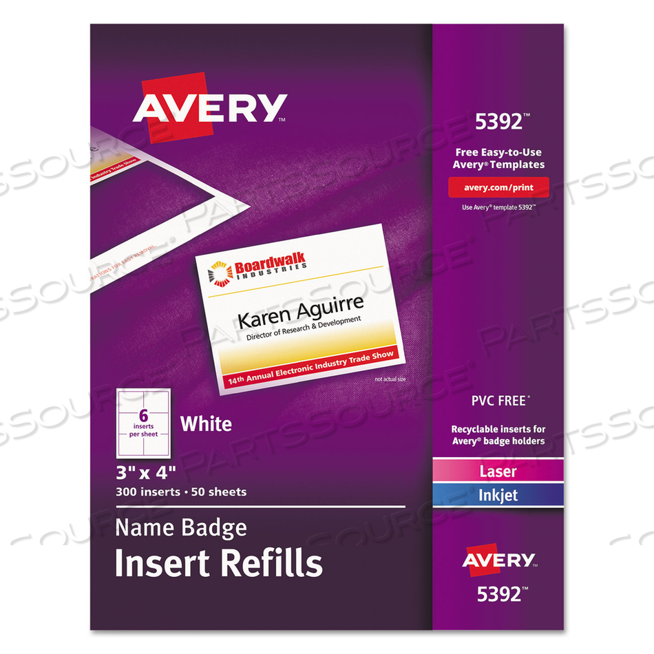 NAME BADGE INSERT REFILLS, HORIZONTAL/VERTICAL, 3 X 4, WHITE by Avery NAME BADGE INSERT REFILLS, HORIZONTAL/VERTICAL, 3 X 4, WHITE by Avery