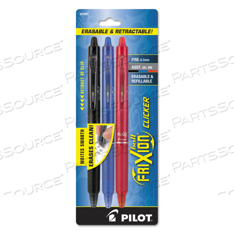 FRIXION CLICKER ERASABLE GEL PEN, RETRACTABLE, FINE 0.7 MM, THREE ASSORTED BUSINESS INK AND BARREL COLORS by Pilot FRIXION CLICKER ERASABLE GEL PEN, RETRACTABLE, FINE 0.7 MM, THREE ASSORTED BUSINESS INK AND BARREL COLORS by Pilot