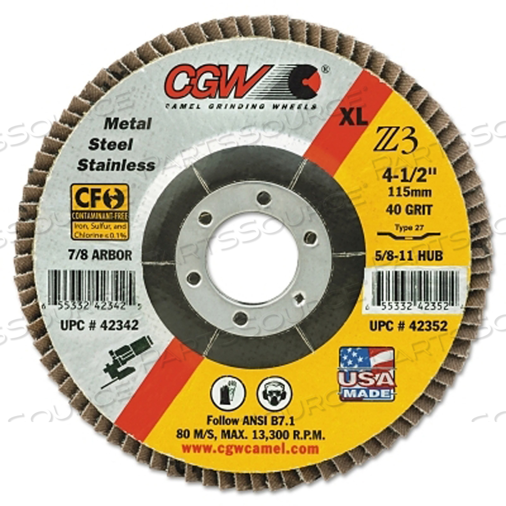PREMIUM Z3 XL T27 FLAP DISC, 4 1/2", 60 GRIT, 5/8 ARBOR, 13,300 RPM by CGW Abrasives