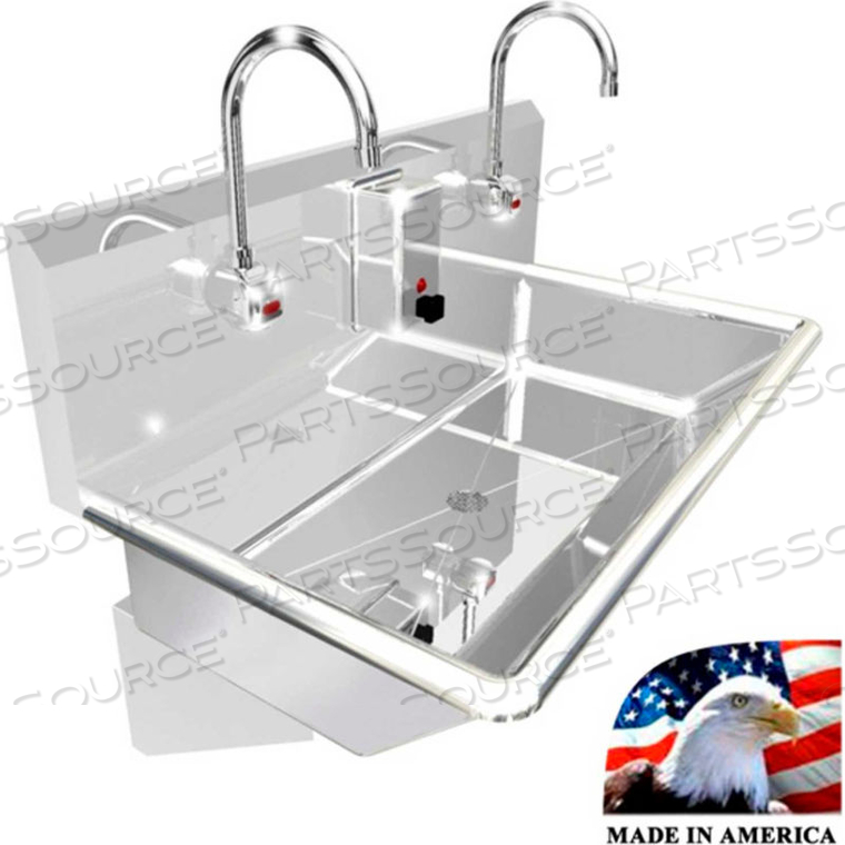 STAINLESS STEEL SINK, 2 STATIONS W/ELECTRONIC FAUCETS, WALL MOUNTED 36" L X 20" W X 8" D 