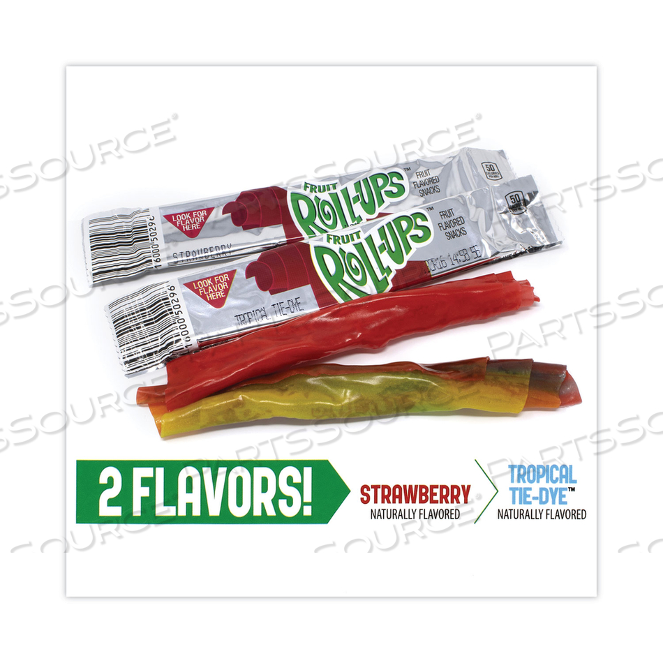 FRUIT ROLL-UPS FRUIT SNACKS, STRAWBERRY AND TROPICAL TIE-DYE FLAVORS, 0.5 OZ, 72 POUCHES/BOX 