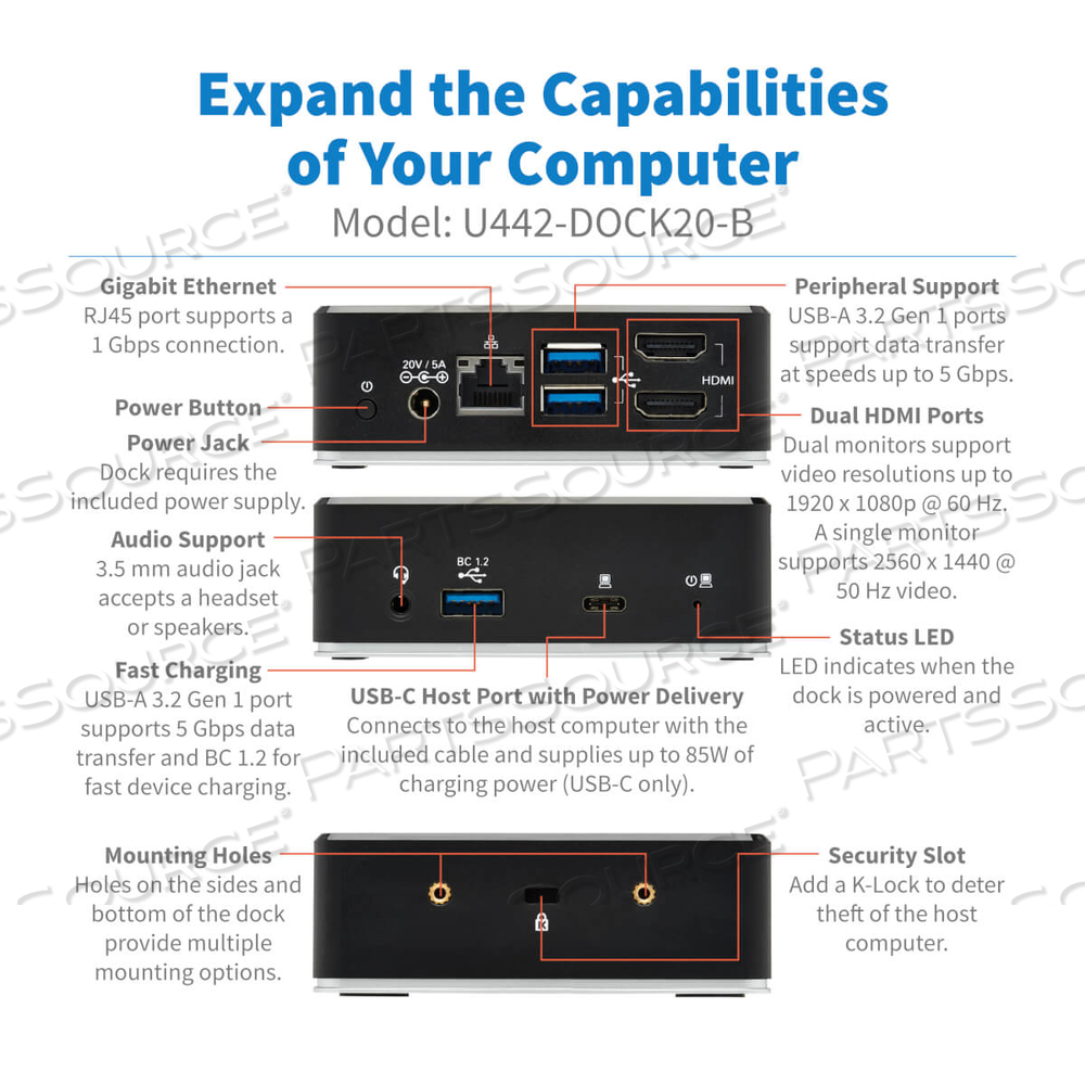 USB C DOCK DUAL DISPLAY HDMI USB 3.2 GEN 1 USB-A HUB GBE 3.5MM by Tripp Lite