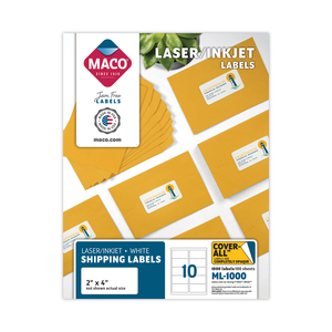 COVER-ALL OPAQUE LASER/INKJET SHIPPING LABELS, INKJET/LASER PRINTERS, 2 X 4, WHITE, 10 LABELS/SHEET, 100 SHEETS/BOX by Maco