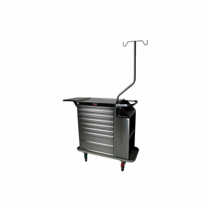 DELUXE CAST CART, STAINLESS STEEL, WITH KEY LOCK.  1-3" DRAWER WITH BLACK VINYL MAT, 5-3" DRAWERS WITH FOUR ADJUSTABLE DIVIDERS PER DRAWER, AND 2-6" DRAWERS WITH FOUR ADJUSTABLE DIVIDERS PER DRAWER, INCLUDES ADDITIONAL ACCESSORIES: STAINLESS STEEL FOLDING SHELF, SIDE STORAGE by Harloff Company, The