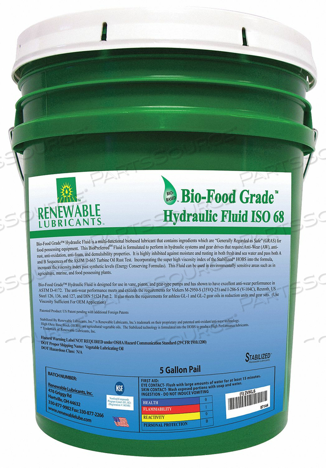 BIO-FOOD GRADE HYDRAULIC FLUID 5 GAL 68 by Renewable Lubricants BIO-FOOD GRADE HYDRAULIC FLUID 5 GAL 68 by Renewable Lubricants
