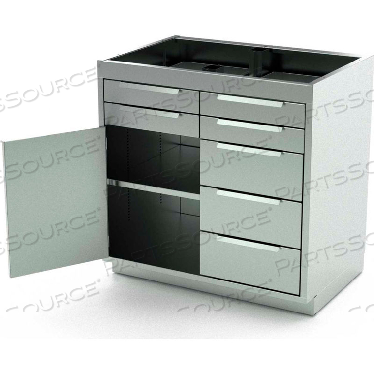 STAINLESS STEEL BASE CABINET, 1 HINGED DOOR, 1 SHELF, 7 DRAWERS, 48"W X 21"D X 36"H 