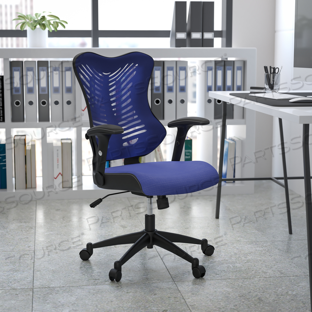 KALE HIGH BACK DESIGNER BLUE MESH EXECUTIVE SWIVEL ERGONOMIC OFFICE CHAIR WITH ADJUSTABLE ARMS by Flash Furniture KALE HIGH BACK DESIGNER BLUE MESH EXECUTIVE SWIVEL ERGONOMIC OFFICE CHAIR WITH ADJUSTABLE ARMS by Flash Furniture