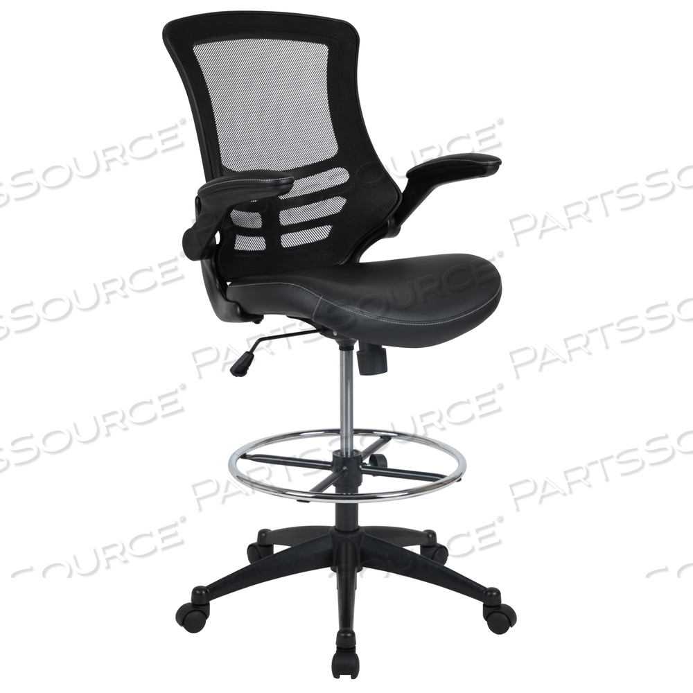 KELISTA MID-BACK BLACK MESH ERGONOMIC DRAFTING CHAIR WITH LEATHERSOFT SEAT, ADJUSTABLE FOOT RING AND FLIP-UP ARMS by Flash Furniture