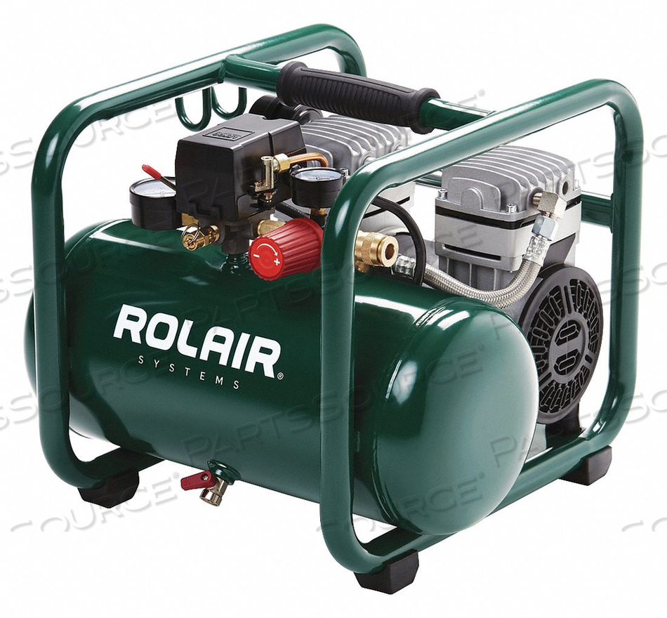PORTABLE AIR COMPRESSOR, LUBRICATION TYPE OIL FREE, AIR TANK STYLE HOT DOG, OUTPUT POWER 1 HP, FREE AIR FLOW RATE 2.4 CFM, MAXIMUM OPERATING by Rolair