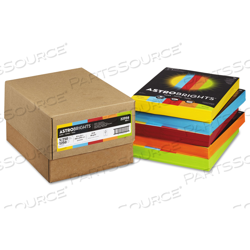 COLOR PAPER - FIVE-COLOR MIXED CARTON, 24 LB BOND WEIGHT, 8.5 X 11, ASSORTED, 250 SHEETS/REAM, 5 REAMS/CARTON 