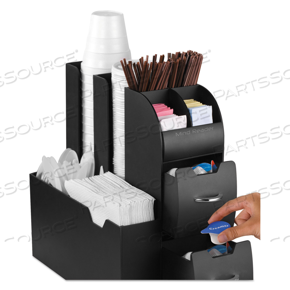 COFFEE CONDIMENT CADDY ORGANIZER, 10 COMPARTMENTS, 5.4 X 11 X 12.6, BLACK by Mind Reader COFFEE CONDIMENT CADDY ORGANIZER, 10 COMPARTMENTS, 5.4 X 11 X 12.6, BLACK by Mind Reader
