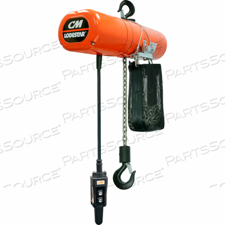 LODESTAR 1 TON, ELECTRIC CHAIN HOIST W/ CHAIN CONTAINER, 20' LIFT, 5.3 TO 32 FPM, 460V 