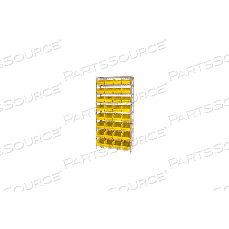 WR9-208 CHROME WIRE SHELVING WITH 32 6"H PLASTIC SHELF BINS YELLOW, 36X18X74 by Quantum Storage Systems WR9-208 CHROME WIRE SHELVING WITH 32 6"H PLASTIC SHELF BINS YELLOW, 36X18X74 by Quantum Storage Systems