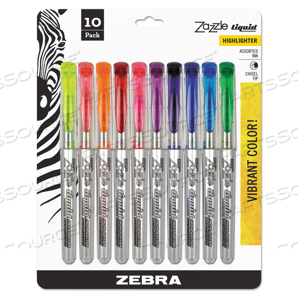 ZAZZLE BRIGHTS FLUORESCENT LIQUID HIGHLIGHTER - CHISEL TIP - ASSORTED INK - 10/PACK by Zebra Pen Corporation