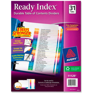 READY INDEX T.O.C. REFERENCE DIVIDER, 1 TO 31, 8.5"X11", 31 TABS, WHITE/MULTI by Avery