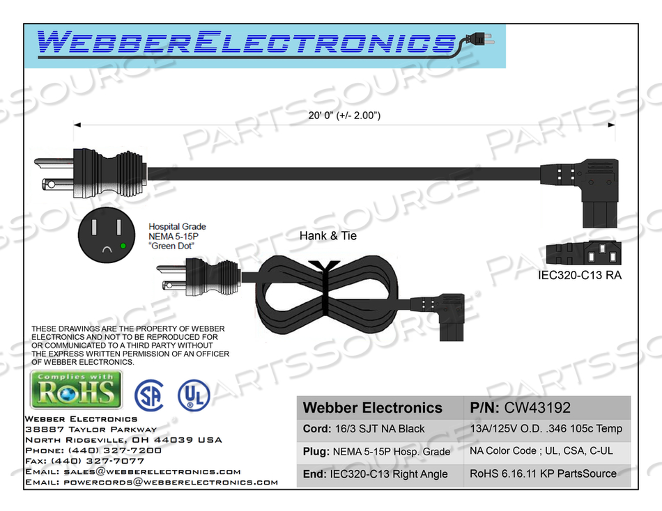 CABLE, 2 FT, 3 SJT BLACK CABLE/HOSP GRADE 5-15P (BLACK) + IEC32-C13 (BLACK RIGHT ANGLE) by Webber Electronics