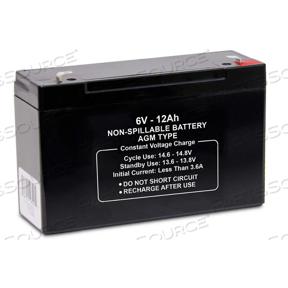 SEALED LEAD ACID BATTERY, 6V DC, 12 AH CAPACITY, 3.66 IN HT, 5.94 IN WD, 1.97 IN DP SEALED LEAD ACID BATTERY, 6V DC, 12 AH CAPACITY, 3.66 IN HT, 5.94 IN WD, 1.97 IN DP