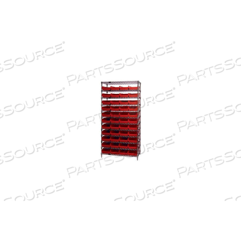 CHROME WIRE SHELVING WITH 44 4"H PLASTIC SHELF BINS RED, 36X24X74 by Approved Vendor