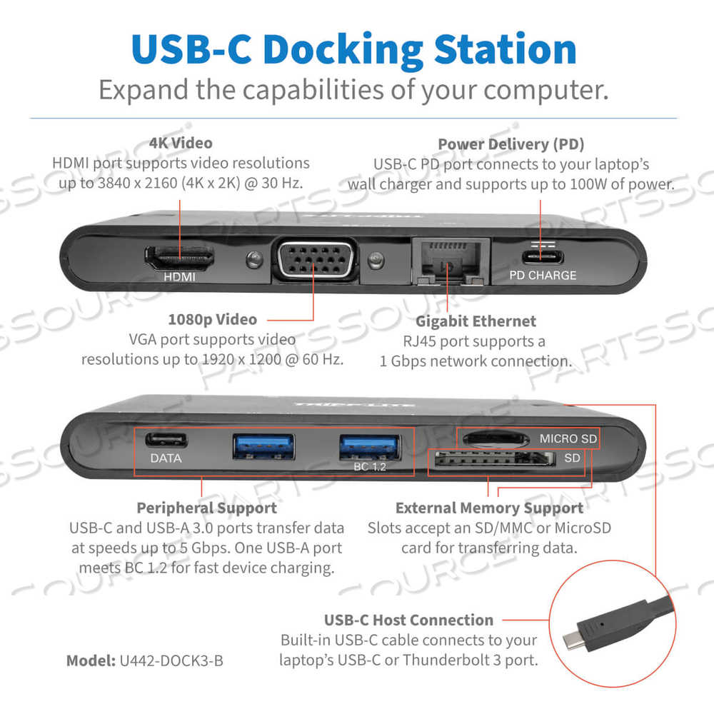 USB-C LAPTOP DOCKING STATION - HDMI, VGA, GBE, 4K @ 30 HZ, THUND by Tripp Lite USB-C LAPTOP DOCKING STATION - HDMI, VGA, GBE, 4K @ 30 HZ, THUND by Tripp Lite