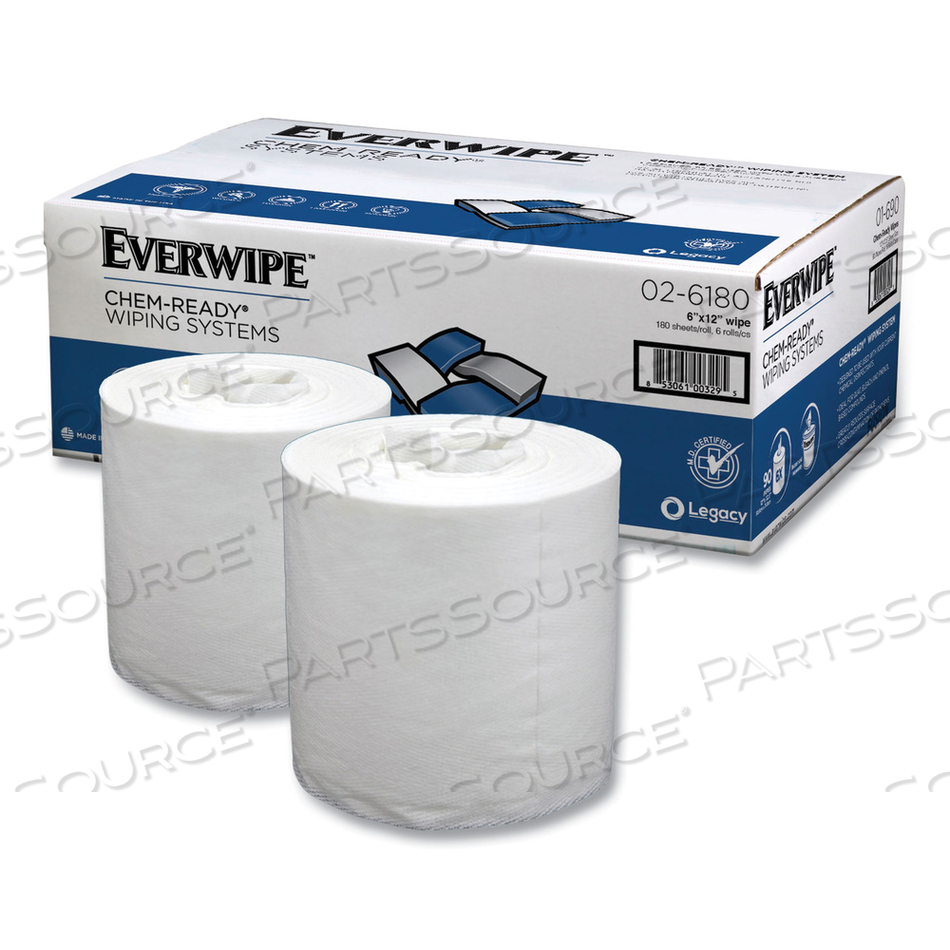 CHEM-READY DRY WIPES, 5 X 2.16, WHITE, 180/ROLL, 6 ROLLS/CARTON 