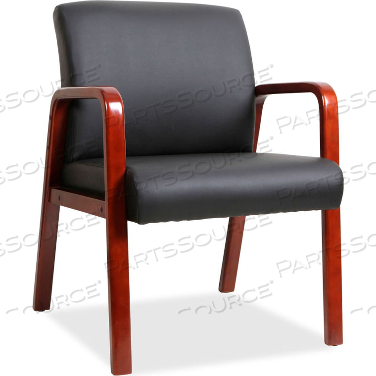 BLACK LEATHER WOOD FRAME GUEST CHAIR - BLACK WITH MAHOGANY FRAME by Lorell BLACK LEATHER WOOD FRAME GUEST CHAIR - BLACK WITH MAHOGANY FRAME by Lorell
