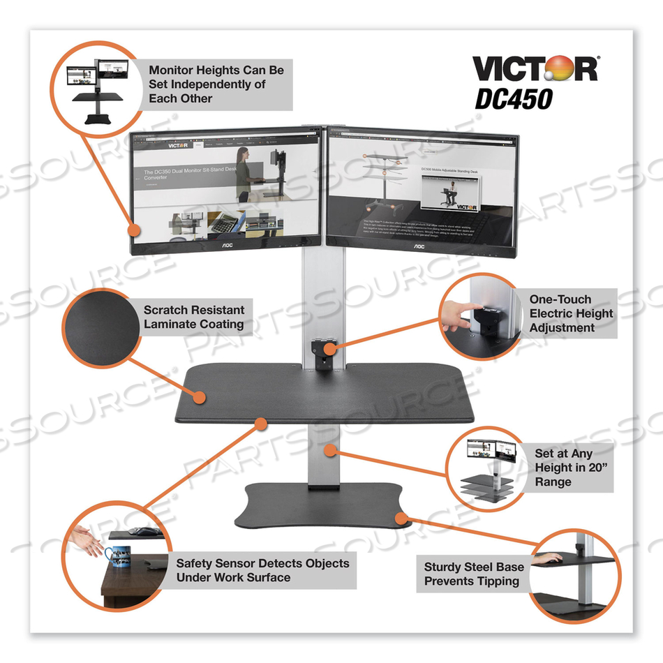 HIGH RISE ELECTRIC DUAL MONITOR STANDING DESK WORKSTATION, 28" X 23" X 20.25", BLACK/ALUMINUM by Victor Technology, LLC