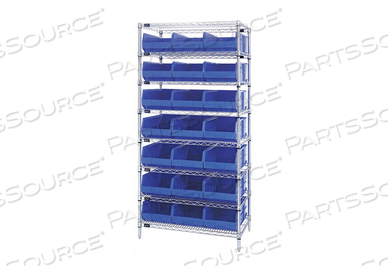 WR8-445 CHROME WIRE SHELVING WITH 21 SSB445 STACKABLE SHELF BINS BLUE, 36X14X74 by Quantum Storage Systems WR8-445 CHROME WIRE SHELVING WITH 21 SSB445 STACKABLE SHELF BINS BLUE, 36X14X74 by Quantum Storage Systems