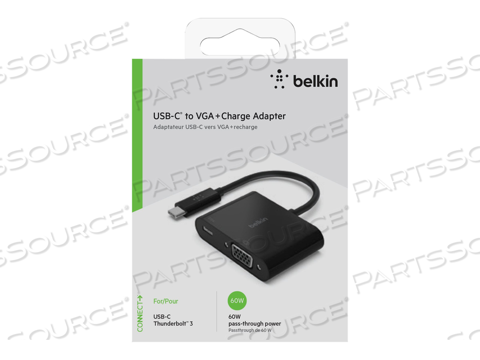 USB-C TO VGA + CHARGE ADAPTER, ADAPTER, USB-C MALE TO HD-15 (VGA), USB-C (POWER ONLY) FEMALE, BLACK, 1080P SUPPORT, USB POWER DELIVERY (60W) by Belkin USB-C TO VGA + CHARGE ADAPTER, ADAPTER, USB-C MALE TO HD-15 (VGA), USB-C (POWER ONLY) FEMALE, BLACK, 1080P SUPPORT, USB POWER DELIVERY (60W) by Belkin
