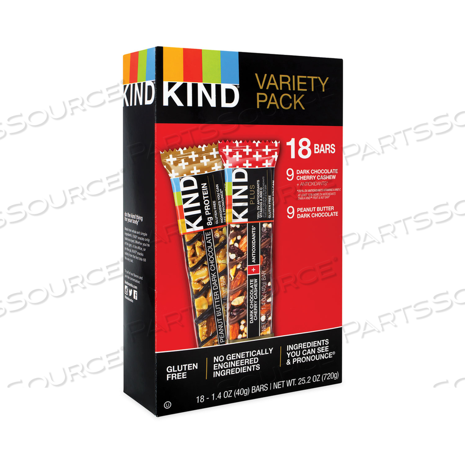 VARIETY PACK, DARK CHOCOLATE CHERRY CASHEW/PEANUT BUTTER DARK CHOCOLATE, 1.4 OZ, 18 BARS/BOX 