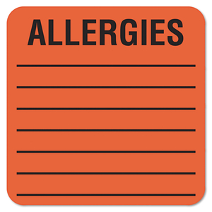 ALLERGY WARNING LABELS, ALLERGIES, 2 X 2, FLUORESCENT RED, 500/ROLL by Tabbies