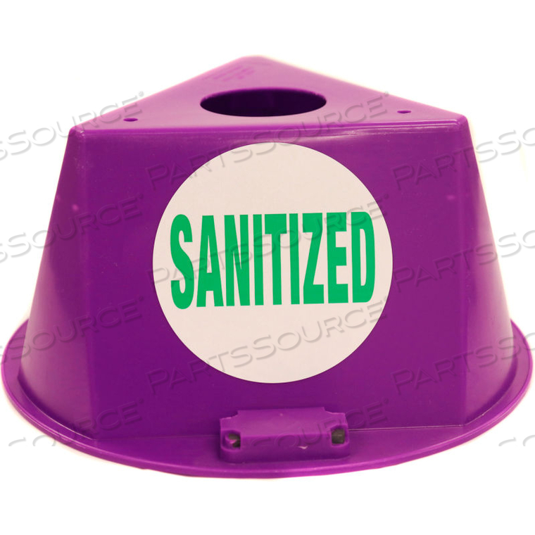 INVENTORY CONTROL CONE, 3-SIDED WITH PRINTED DECALS & MAGNETS, "SANITIZED" - PURPLE 