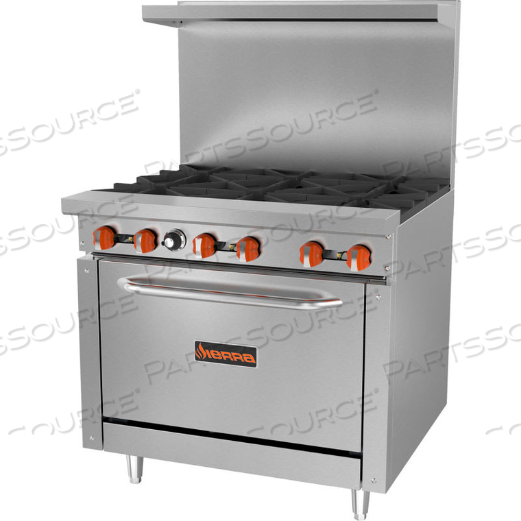 SIERRA RANGE - RESTAURANT RANGE, 6 BURNERS, NATURAL GAS, OVEN, S/S, CAST IRON BURNERS 