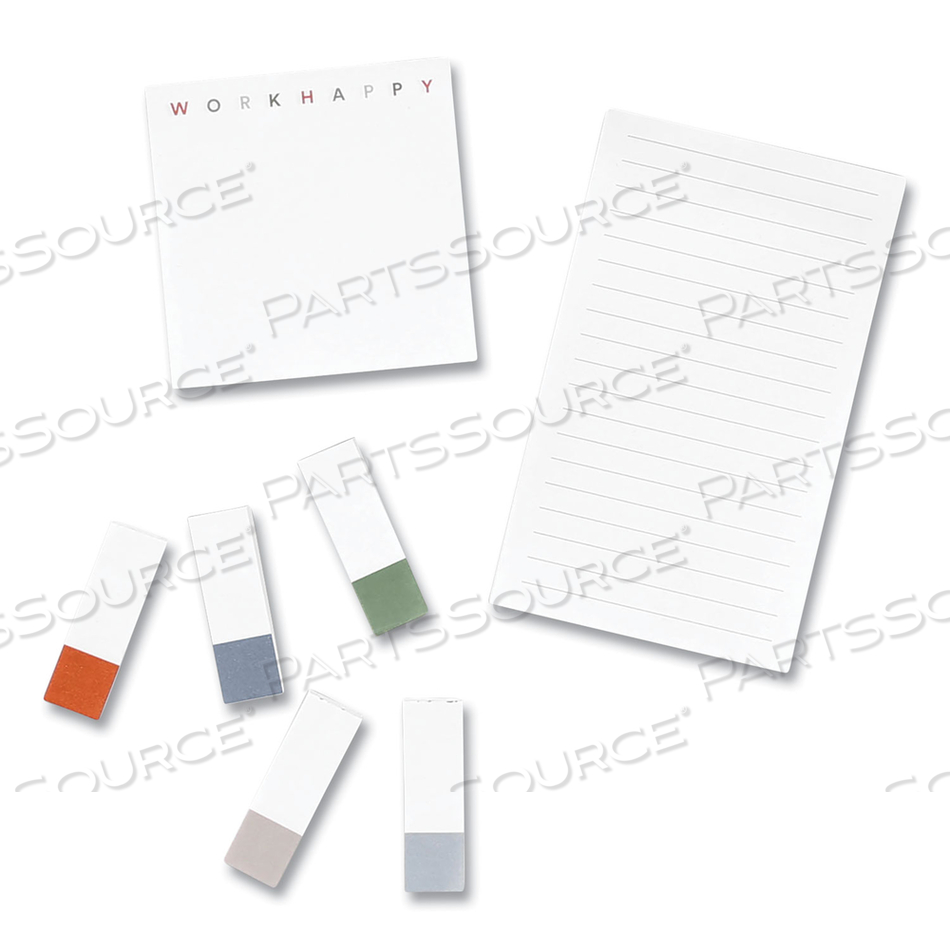 WORK HAPPY STICKY NOTES, (5) UNRULED 0.5 X 1, (1) UNRULED 3 X 3, (1) NOTE RULED 3 X 5, ASSORTED LAGOON COLORS, 90 SHEETS/PAD 