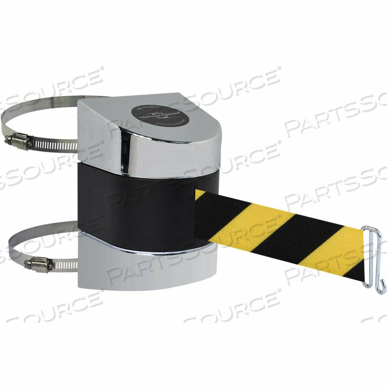 TENSABARRIER POL CHROME CLAMP WALL MOUNT 15'L BLACK/YELLOW CHEVRON RETRACTABLE BELT BARRIER 