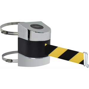 TENSABARRIER POL CHROME CLAMP WALL MOUNT 15'L BLACK/YELLOW CHEVRON RETRACTABLE BELT BARRIER by Tensabarrier