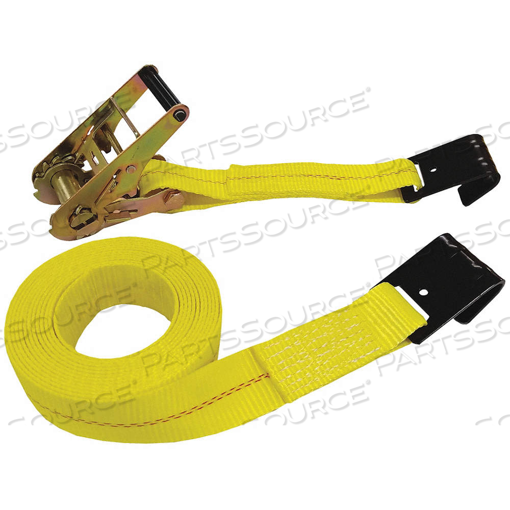 TIE DOWN STRAP, RATCHET, FLAT-HOOK, GEN PURPOSE, 2 IN WD, 3,300 LB WLL, YELLOW, 27 FT LG by Approved Vendor